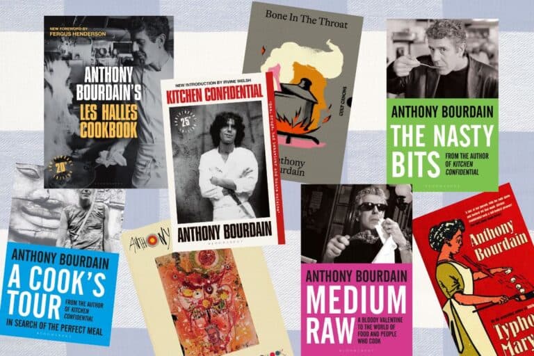 Collage showing Anthony Bourdain book covers, against a checkered blue and white background - books include: Les Halles Cookbook, A Cook's Tour, Appetites, Kitchen Confidential, Bone in the Throat, The Nasty Bits, Medium Raw and Typhoid Mary.