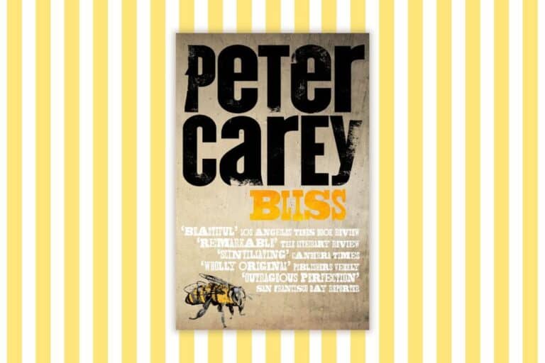 Book cover of Peter Carey's 'Bliss' with yellow and white striped background.