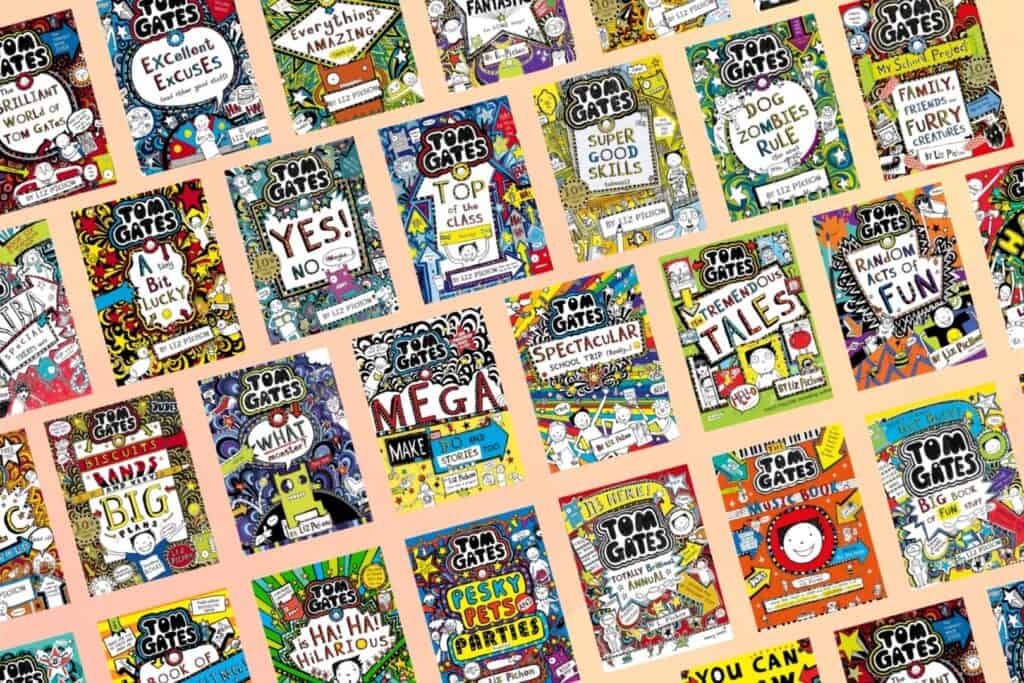 Collage showing all 29 Tom Gates books by Liz Pichon.