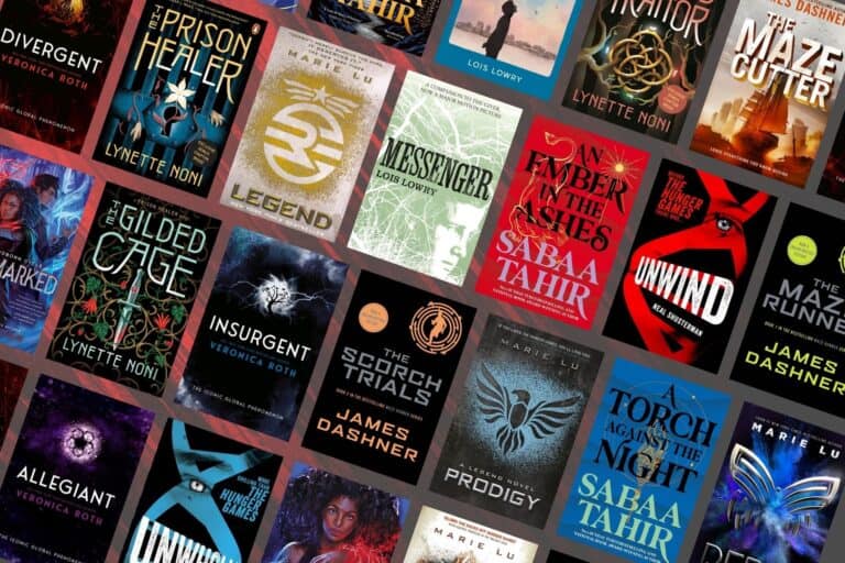 Collection of book covers featuring dystopian-style YA books like The Hunger Games including books from Unwind, Maze Runner, Legend, The Prison Healer and more.