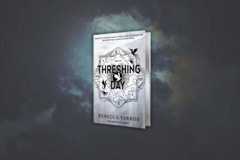 Hero image for an article about Fourth Wing dragons, showcasing Threshing Day with light shining around it against a dark grey/black background.