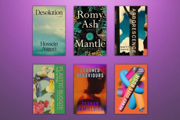 Collage showing titles for The Readings New Australian Fiction Prize shortlist 2026 including Desolation, Mantle, Arborescence, Plastic Budgie, Learned Behaviours and Henry Goes Bush.