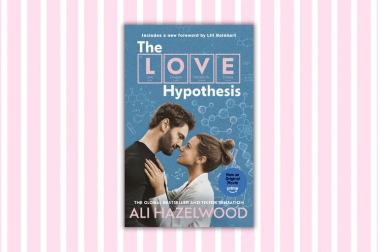 Film tie-in cover of The Love Hypothesis by Ali Hazelwood against a light pink and white striped background.