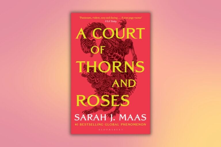ACOTAR quotes article image showing A Court of Thorns and Roses book cover against an ombre red and yellow background.