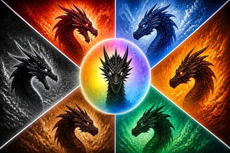 Fourth wing dragon colour quiz banner image showing a red, blue, orange, green, brown, black and multicoloured dragons.